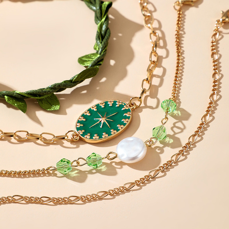 Green Leaf  Drop Oil Octagonal Star Crystal Pearl Adjustable Bracelet Set display picture 2
