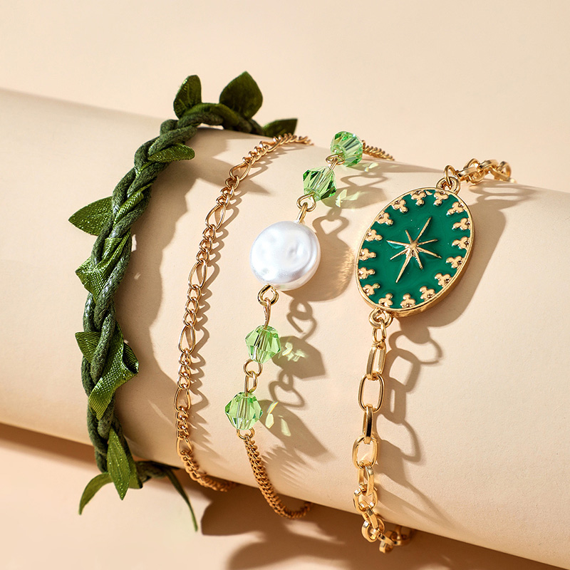 Green Leaf  Drop Oil Octagonal Star Crystal Pearl Adjustable Bracelet Set display picture 3