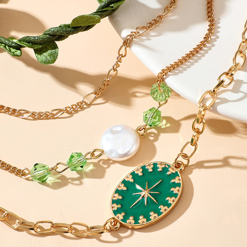 Green Leaf  Drop Oil Octagonal Star Crystal Pearl Adjustable Bracelet Set display picture 5