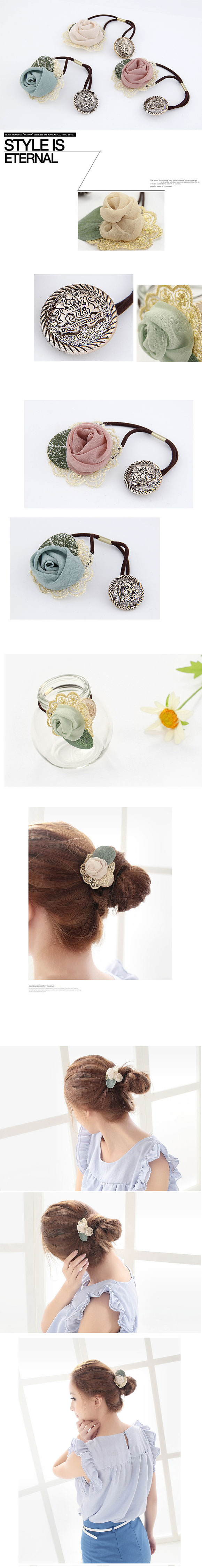 Korean Fashion Lace Silk Leaves Rose Flower Hair Ring Cheap Hair Rope display picture 1