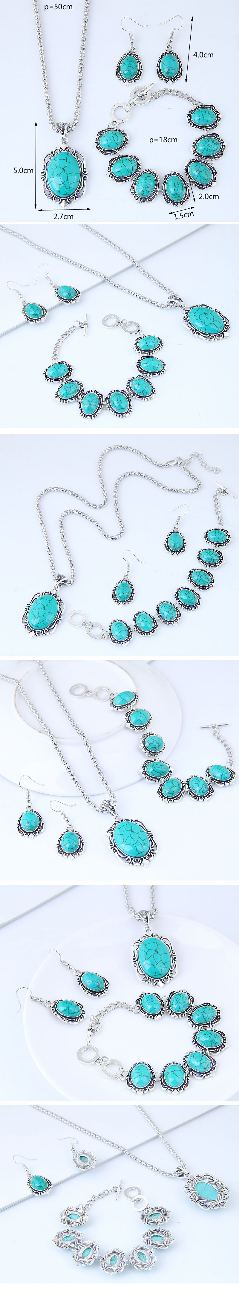 Metal Inlaid Turquoise Simple Necklace Earring Bracelet Set display picture 1