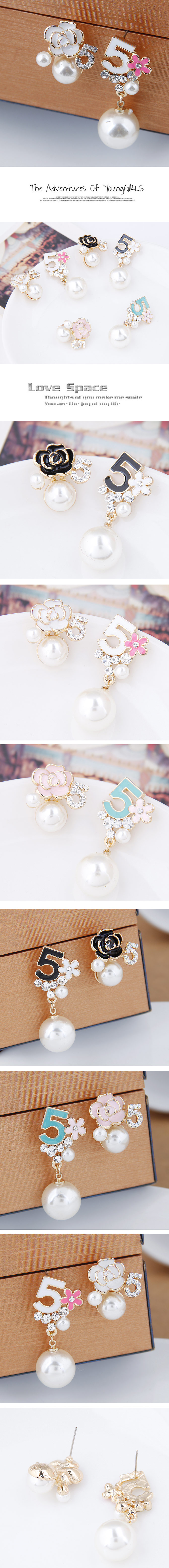 Yi Wu Jewelry Korean Fashion Sweet Ol Wild 5 Character Pearl Flower Asymmetric Earrings Wholesale display picture 1