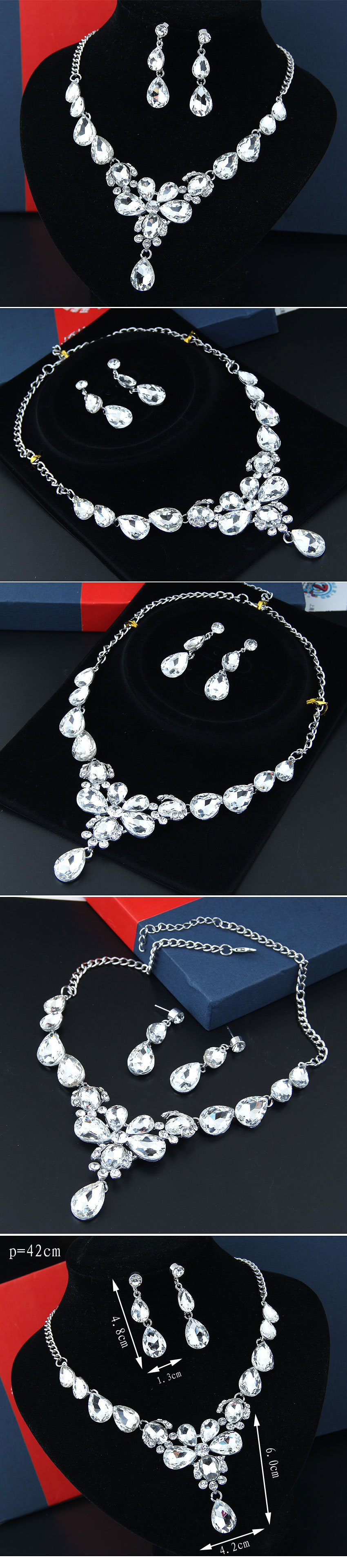 Fashion Metal Bright Luxury Flowers Water Droplets Bridal Accessories Exaggerated Bridal Necklace Earrings Set Wholesale display picture 1