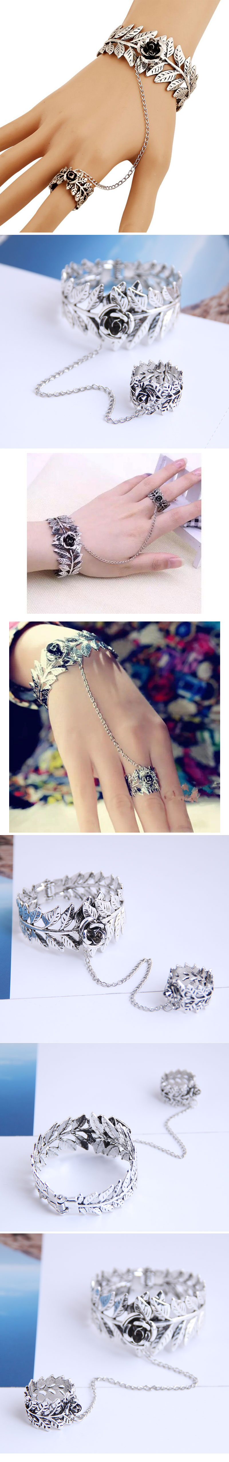 Fashion Retro Simple Rose Flower Leaf Open Chain Ring Bracelet Wholesale Nihaojewelry display picture 1