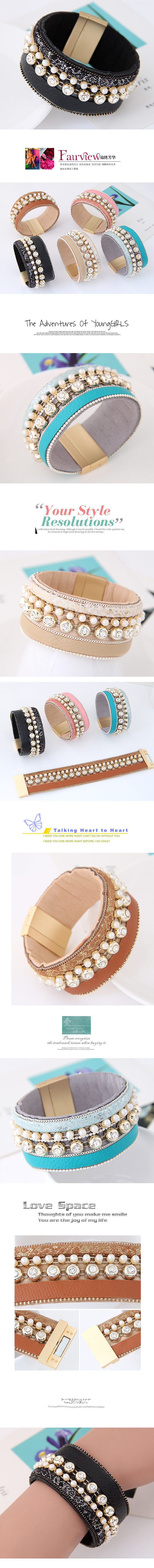 New Trend Metal Gorgeous Flash Diamond Pearl Multi-layer Leather Wild Temperament Fashion Magnetic Buckle Bracelet Wholesale Nihaojewelry display picture 1