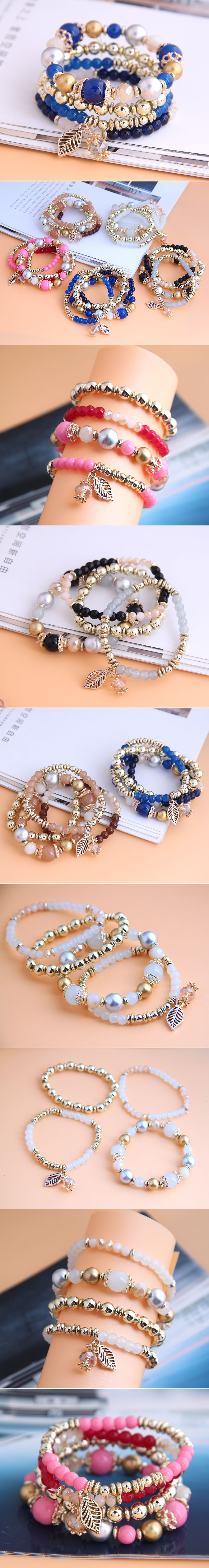 Fashion Simple And Versatile Trendy Gorgeous Beads Metal Leaves Multi-layer Bracelet Wholesale Nihaojewelry display picture 1
