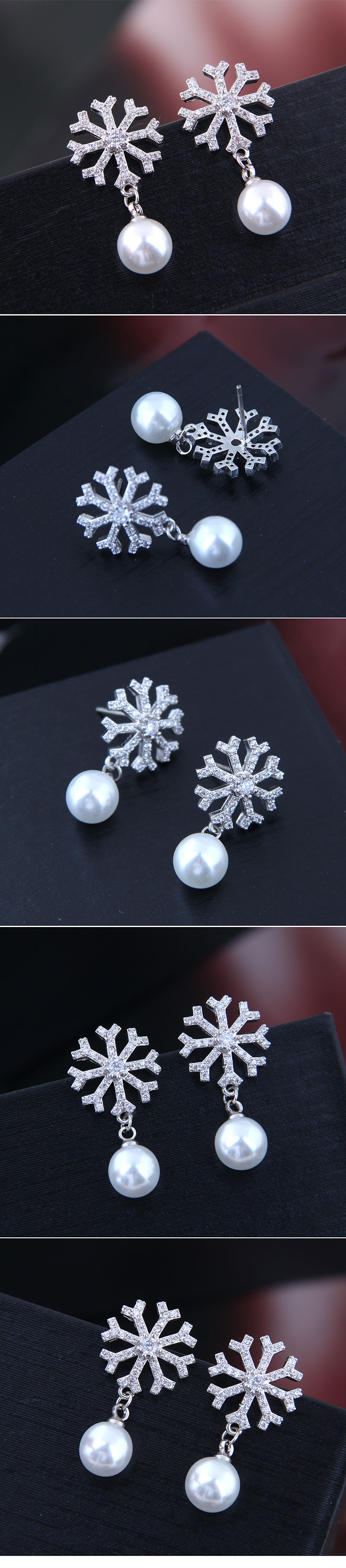 Exquisite Korean Fashion Sweet Micro-inlaid Zircon Snowflake Pearl Earrings Copper Earrings Wholesale Nihaojewelry display picture 1