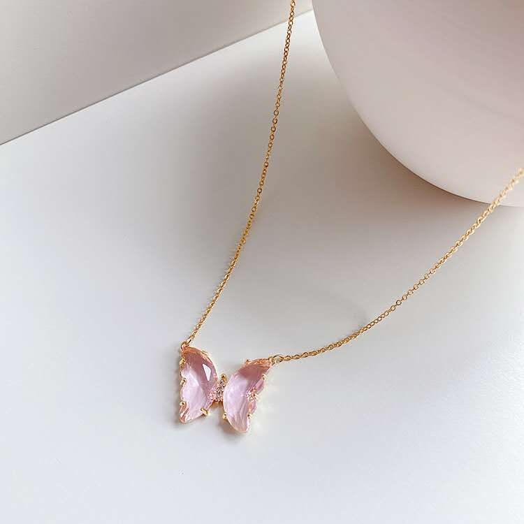 Transparent Crystal Glass Butterfly Necklace Earring Necklace Set Wholesale Nihaojewelry display picture 5