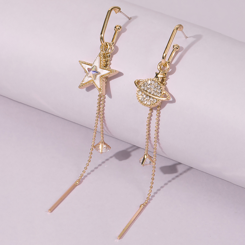 Asymmetric Star And Moon Long Tassel Earrings Wholesale display picture 2