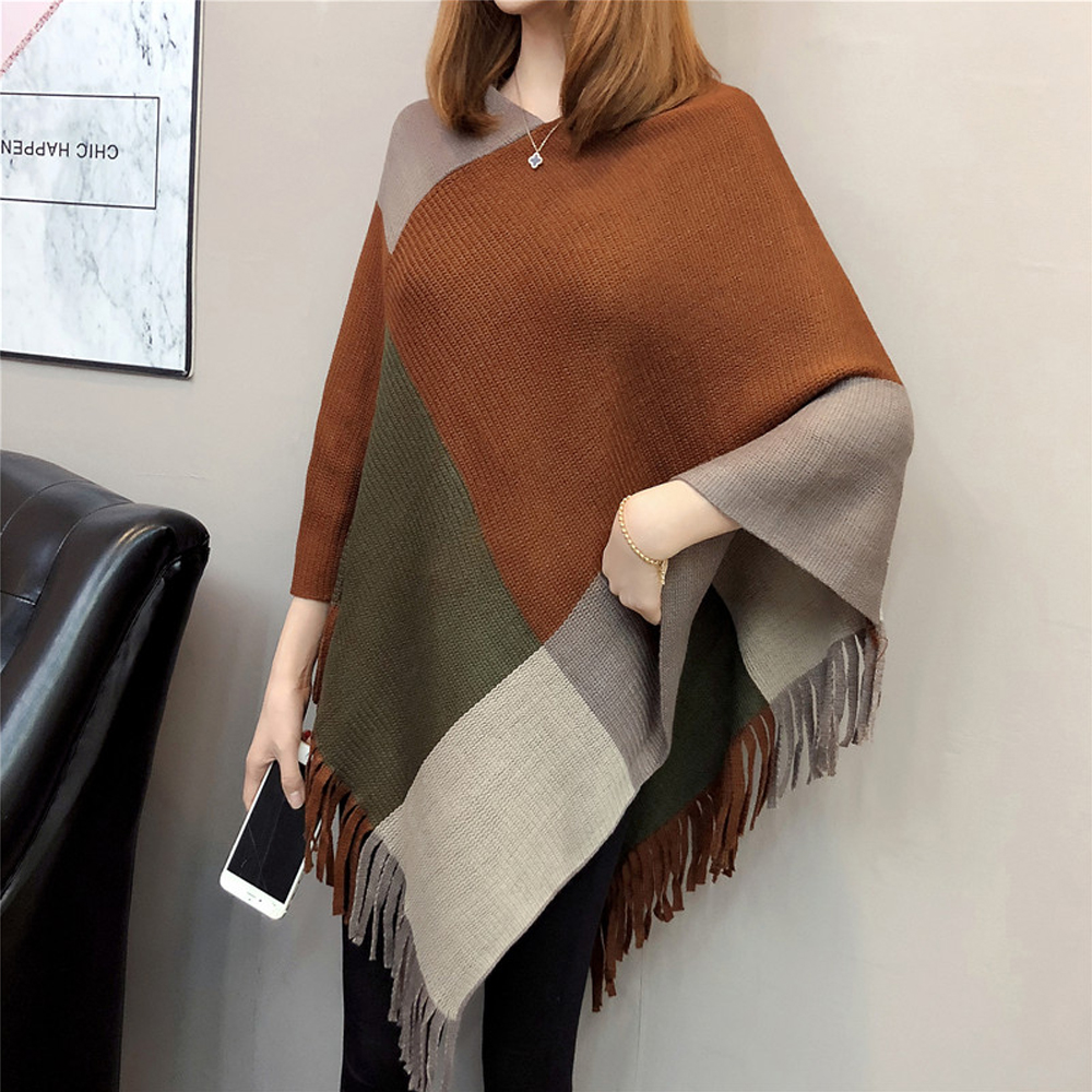 Autumn And Winter New Fashion Contrast Color Matching Color Tassel Bat Sleeve Shawl Sweater display picture 1