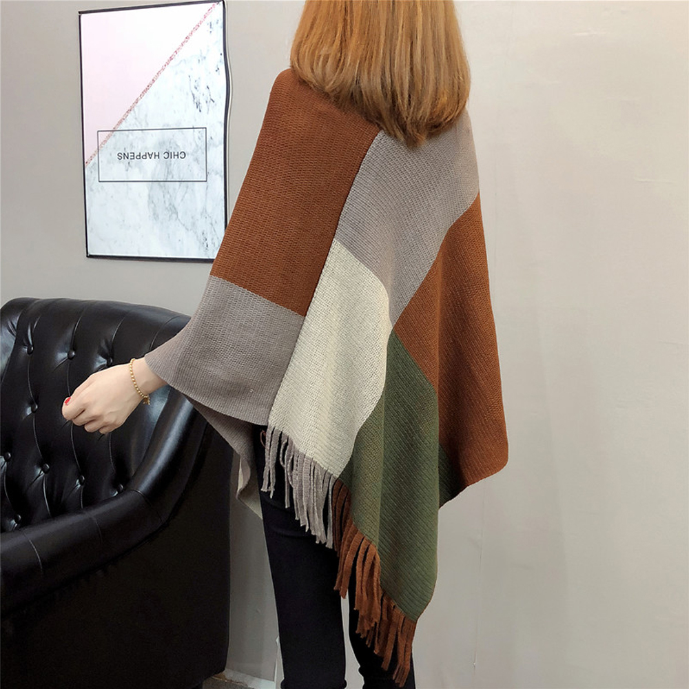 Autumn And Winter New Fashion Contrast Color Matching Color Tassel Bat Sleeve Shawl Sweater display picture 2