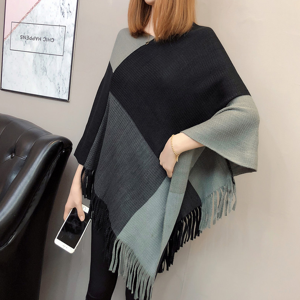Autumn And Winter New Fashion Contrast Color Matching Color Tassel Bat Sleeve Shawl Sweater display picture 5