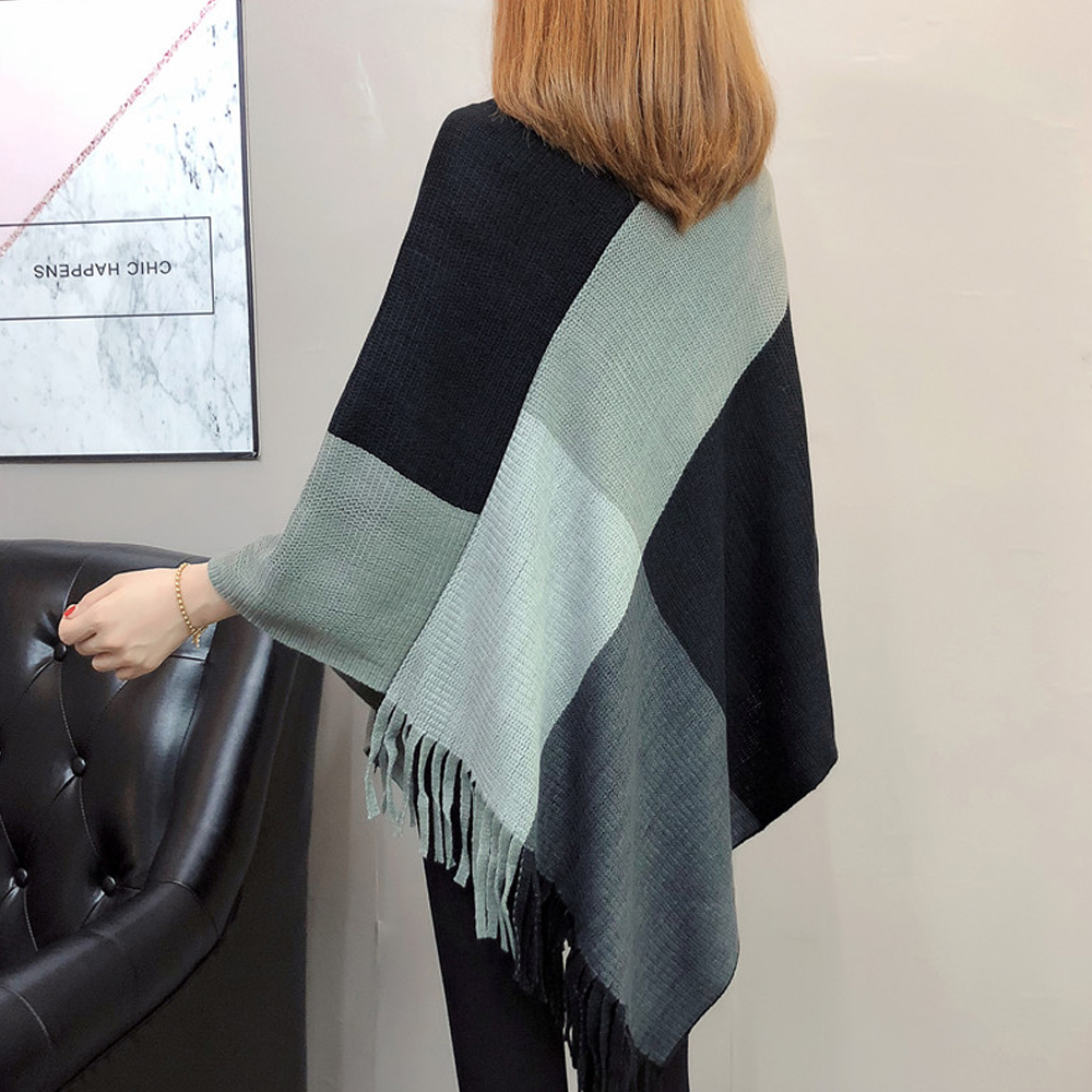 Autumn And Winter New Fashion Contrast Color Matching Color Tassel Bat Sleeve Shawl Sweater display picture 6