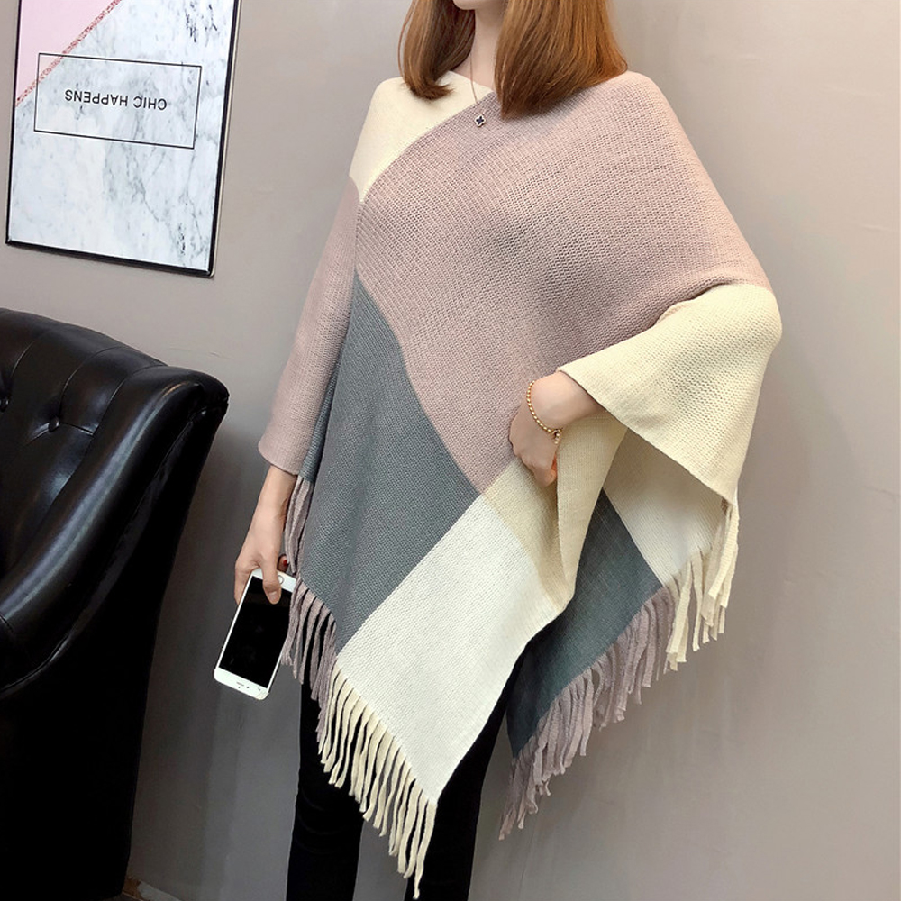 Herbst Und Winter Neue Mode Kontrast Farblich Abgestimmte Farbe Quaste Fledermaus Ärmel Schal Pullover display picture 7