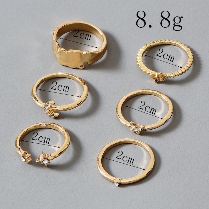 Fashion Gold-plated Crystal Butterfly Moon Ring Ladies 6 Piece Combination Ring Set display picture 2