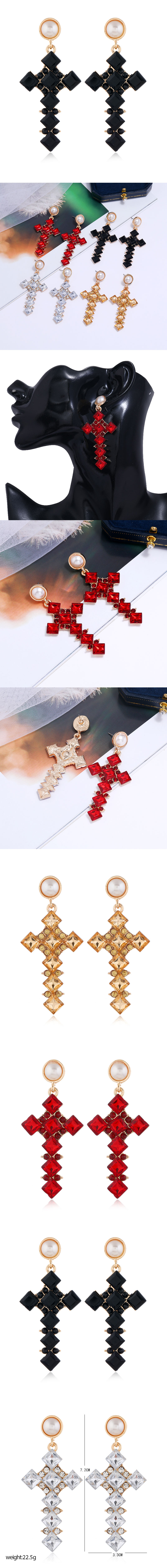 Fashion Metal Bright Gemstone Cross Exaggerated  Earrings display picture 1