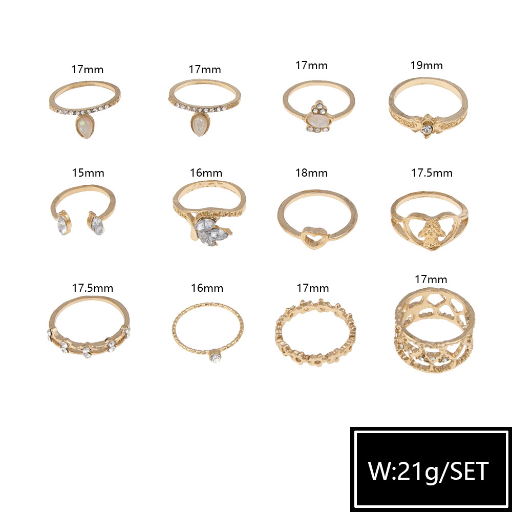 Hot Selling Fashion Rhinestone Diamond Heart-shaped Leaf Love Ring 12-piece Set display picture 2
