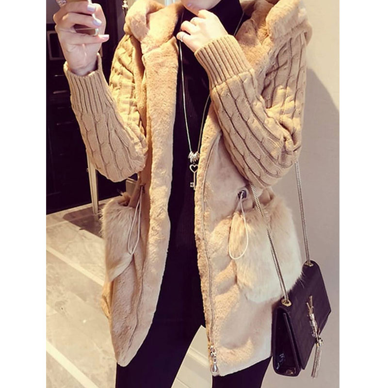 Hot Selling Classic Fashion Knitted Stitching Plush Faux Fur Padded Hooded Jacket display picture 2