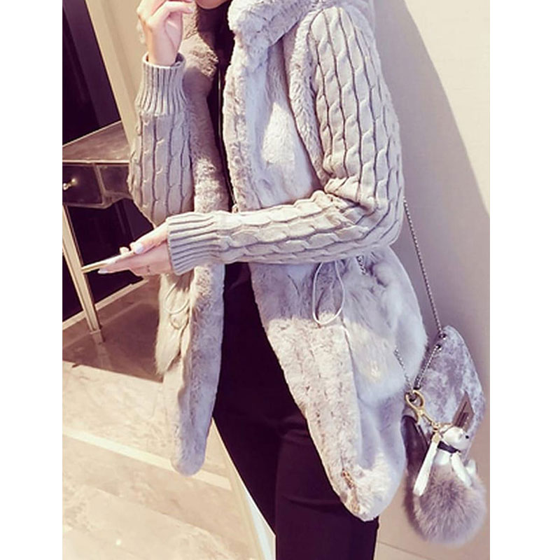 Hot Selling Classic Fashion Knitted Stitching Plush Faux Fur Padded Hooded Jacket display picture 4