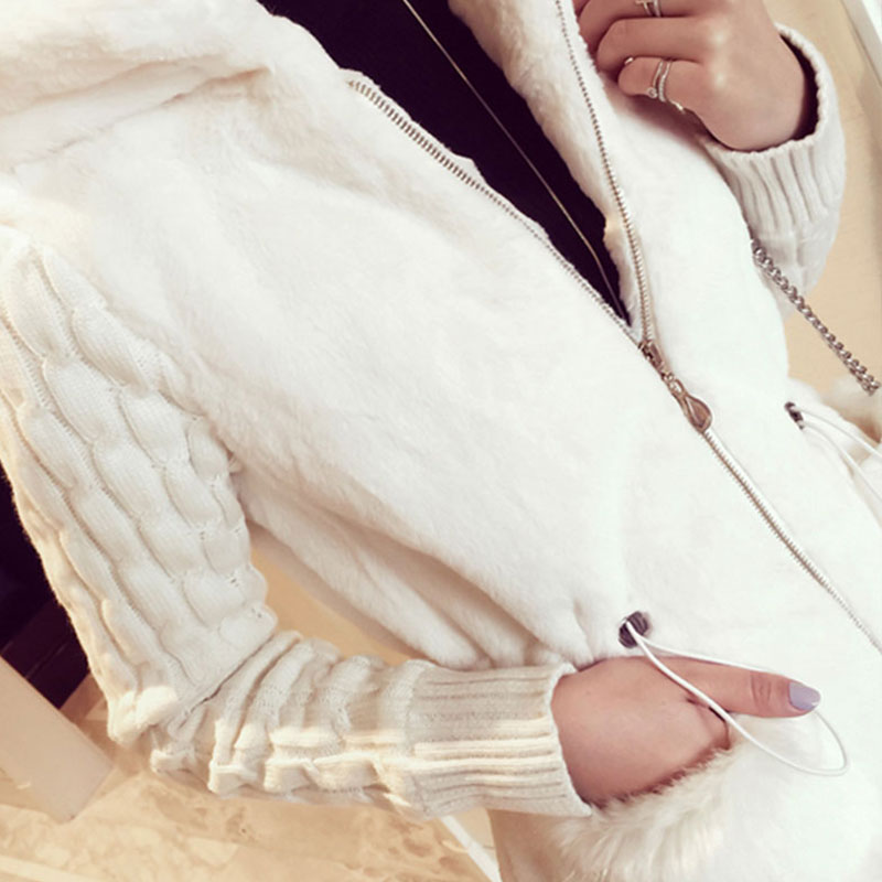 Hot Selling Classic Fashion Knitted Stitching Plush Faux Fur Padded Hooded Jacket display picture 8