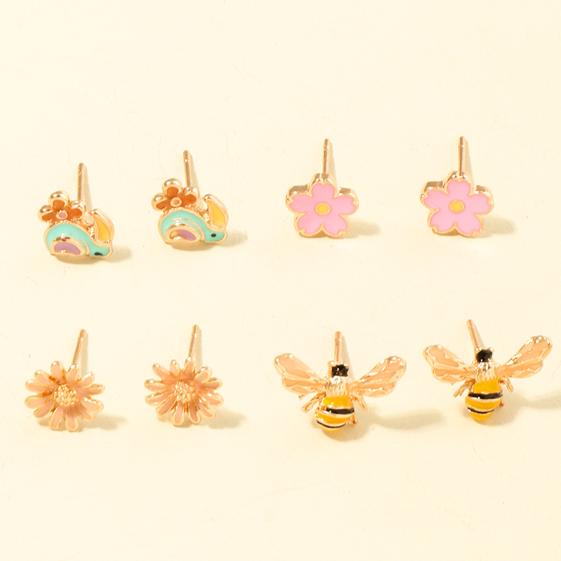 Color Bee Ear Studs 4 Pairs Earrings Set display picture 1