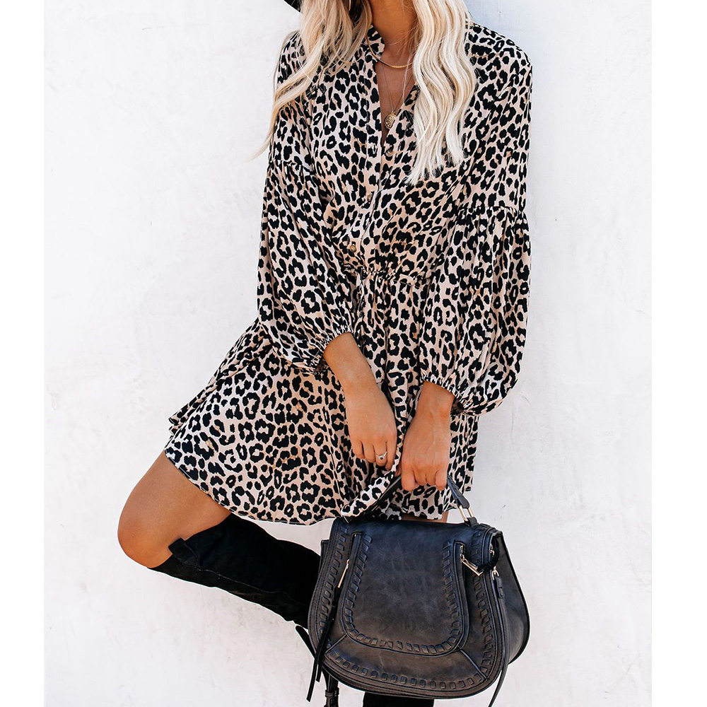 Spring New Leopard Print Lantern Sleeve Ruffled Long Sleeve Mid-length Dress display picture 4