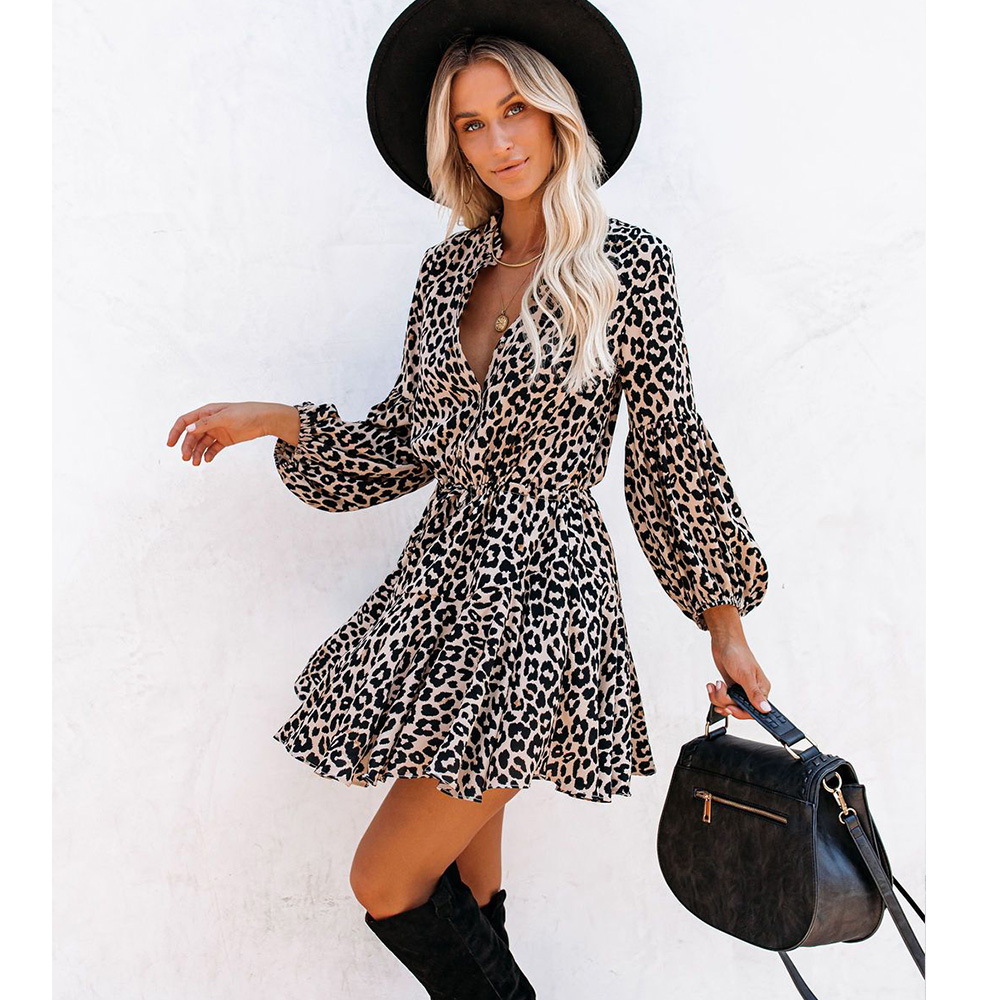 Spring New Leopard Print Lantern Sleeve Ruffled Long Sleeve Mid-length Dress display picture 5