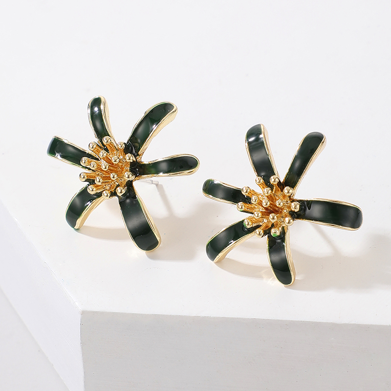 S925 Silver Needle Niche Aura Dark Green White Drip Glaze Flowers Simple Earrings display picture 2
