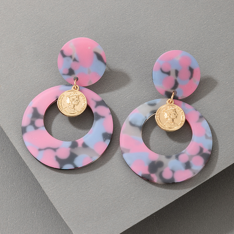 Fashion Color Plate Acrylic Metal Coin Earrings display picture 3