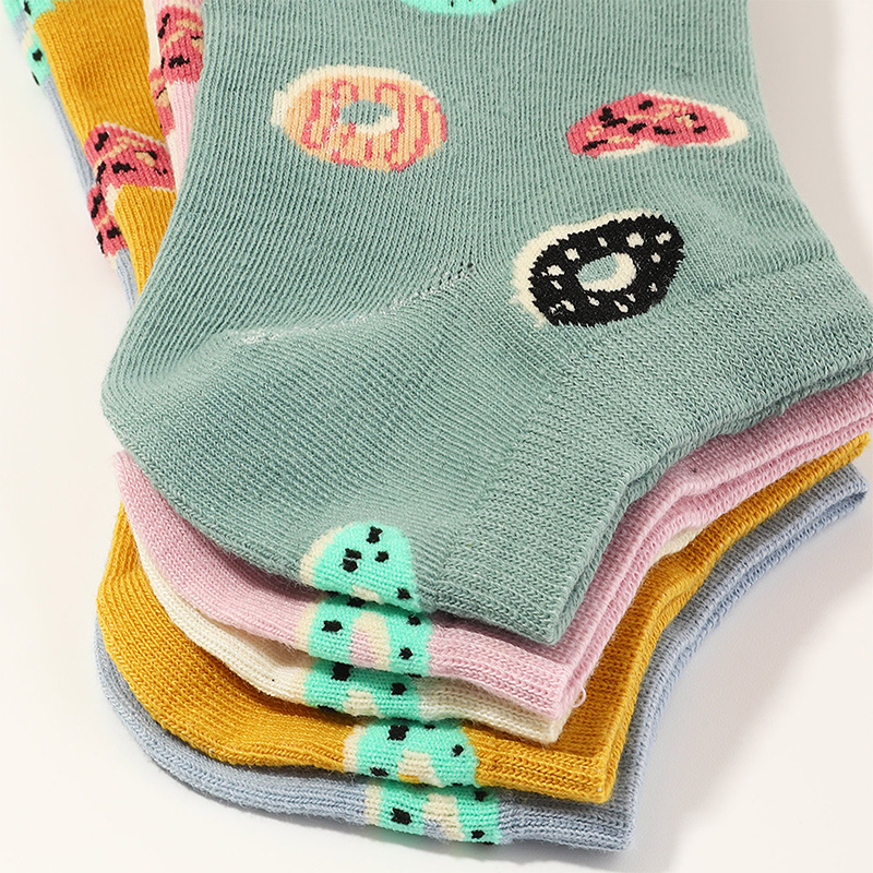 5 Paires De Chaussettes En Coton Pour Enfants Love Donuts Colorées À Bouche Peu Profonde display picture 3