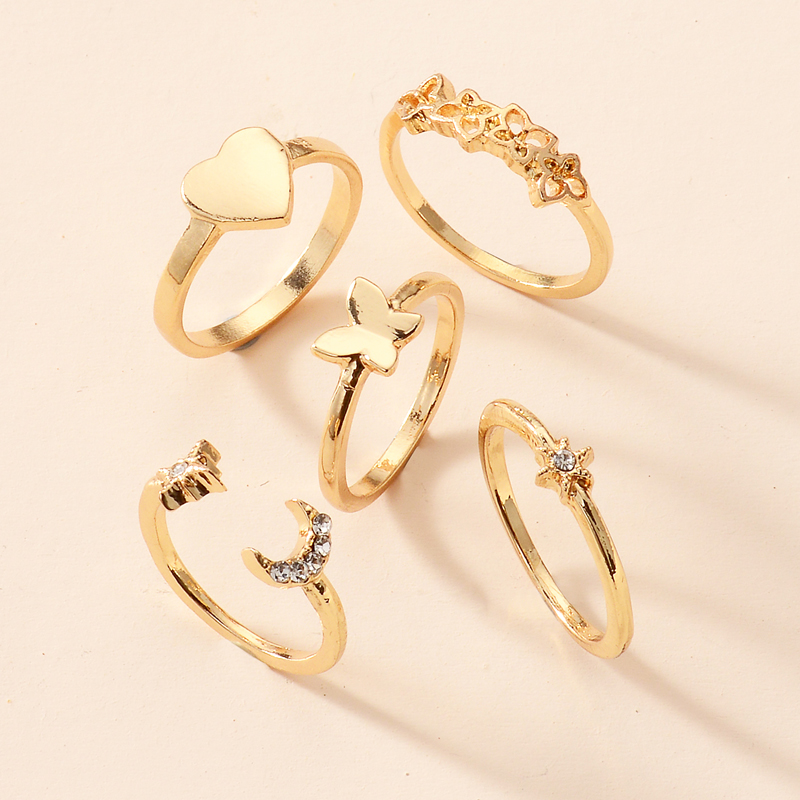 Peach Heart Moon Butterfly Ring Set 5 Piece Set display picture 2