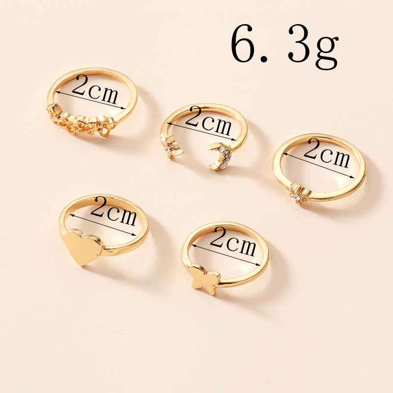 Peach Heart Moon Butterfly Ring Set 5 Piece Set display picture 3