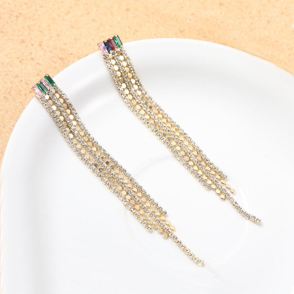 Electroplated Real Gold And Micro-inlaid Zircon Colored Diamonds Long Tassel Brass Earrings display picture 1