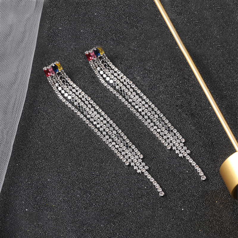 Electroplated Real Gold And Micro-inlaid Zircon Colored Diamonds Long Tassel Brass Earrings display picture 2
