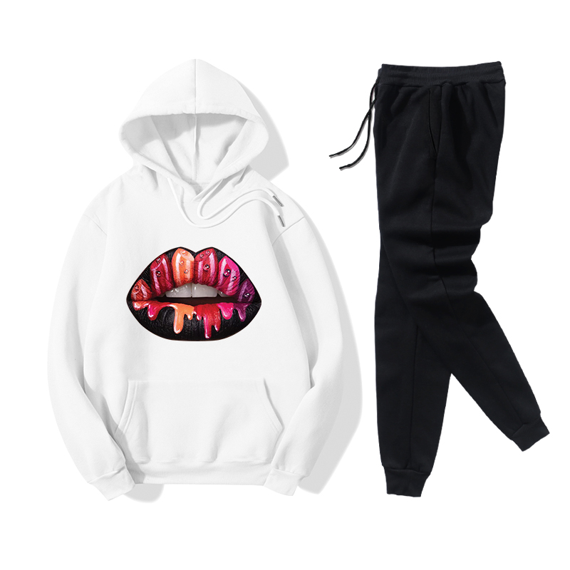 Hooded Black Red Lips Printed Sweater Casual Pants Fleece Two-piece Suit display picture 1