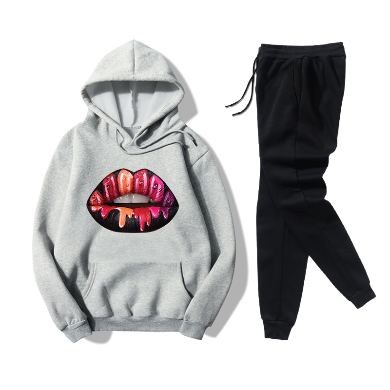 Hooded Black Red Lips Printed Sweater Casual Pants Fleece Two-piece Suit display picture 2