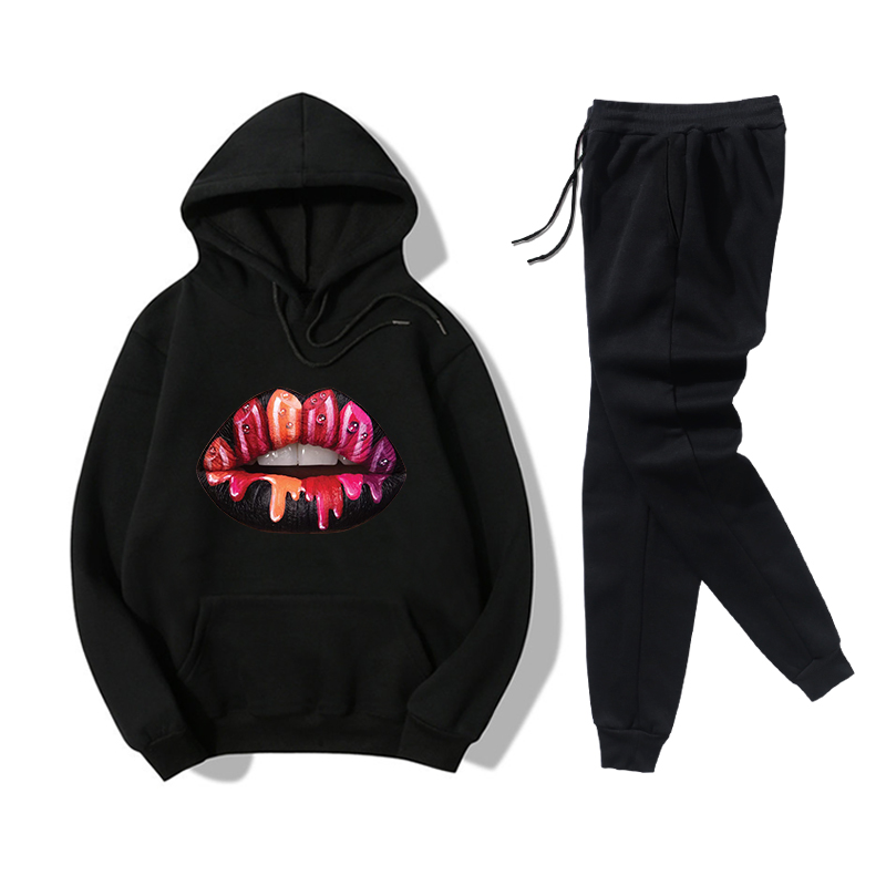 Hooded Black Red Lips Printed Sweater Casual Pants Fleece Two-piece Suit display picture 3