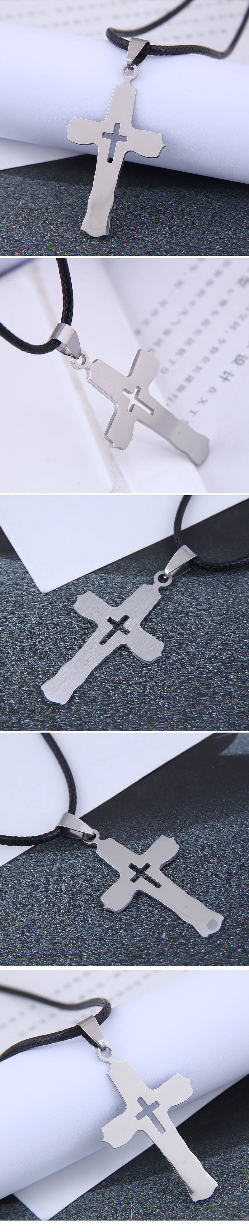 Korean Fashion Hip-hop Simple Cross Stainless Steel Temperament Wax Rope Necklace display picture 1