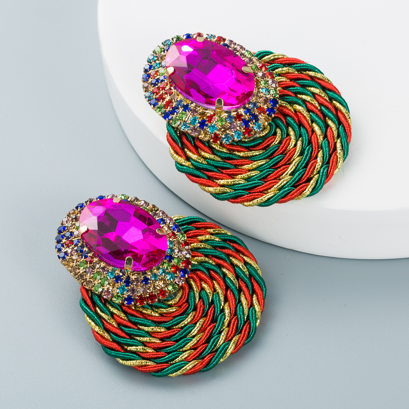 Personalized Exaggerated Oval Glass Diamond Handmade Line Weaving Earrings display picture 5