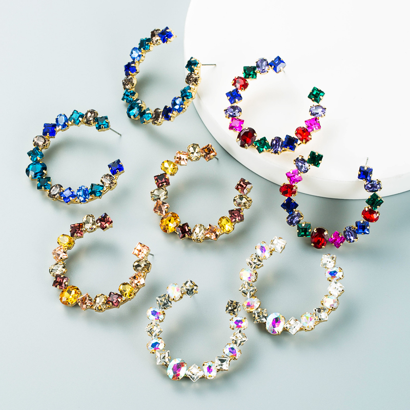 Fashion Geometric Alloy Diamond Colored Glass Diamond C-shaped Earrings display picture 2