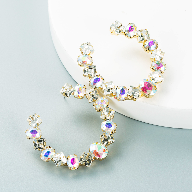 Fashion Geometric Alloy Diamond Colored Glass Diamond C-shaped Earrings display picture 7