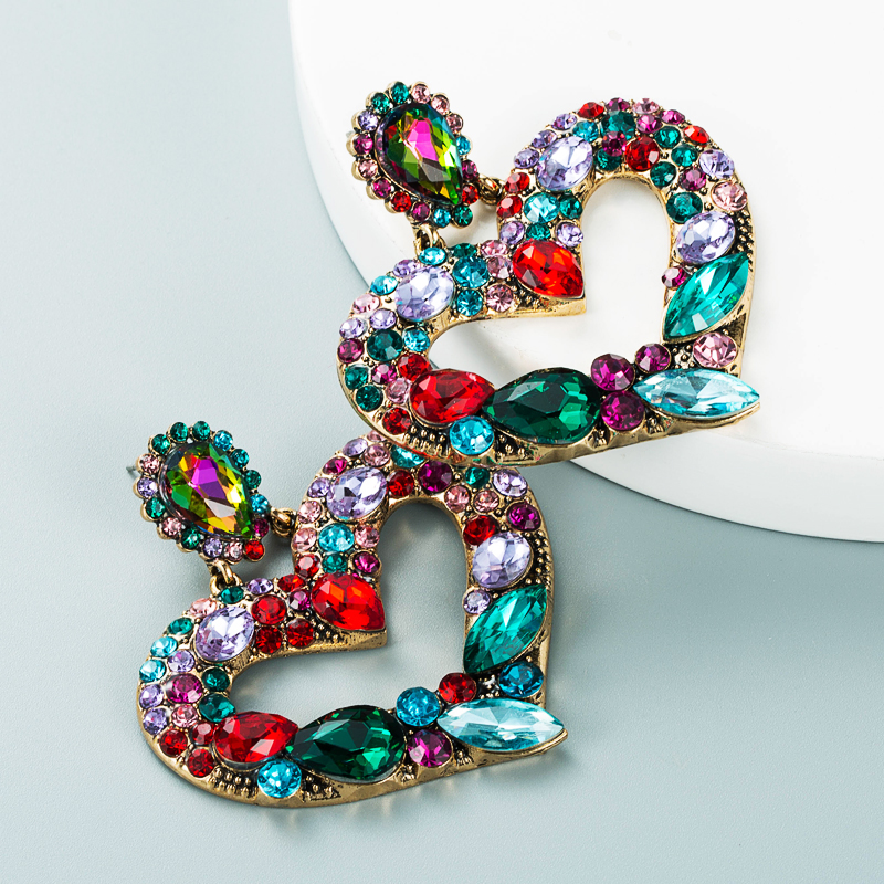 Wholesale Alloy Diamond-studded Color Rhinestone Heart-shaped Earrings display picture 6