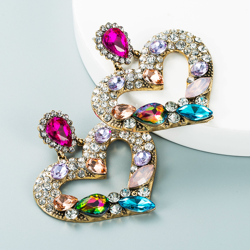 Wholesale Alloy Diamond-studded Color Rhinestone Heart-shaped Earrings display picture 7