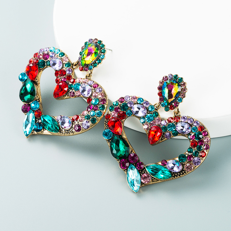 Wholesale Alloy Diamond-studded Color Rhinestone Heart-shaped Earrings display picture 8