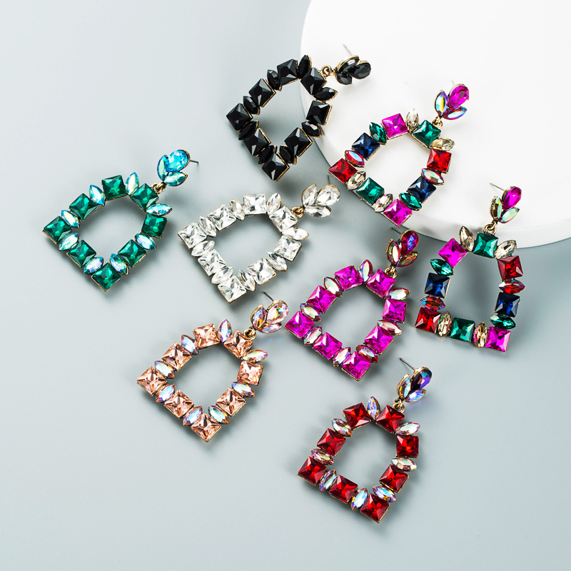 Multi-layer Alloy Diamond-studded Colored Glass Diamond Geometric Earrings display picture 2