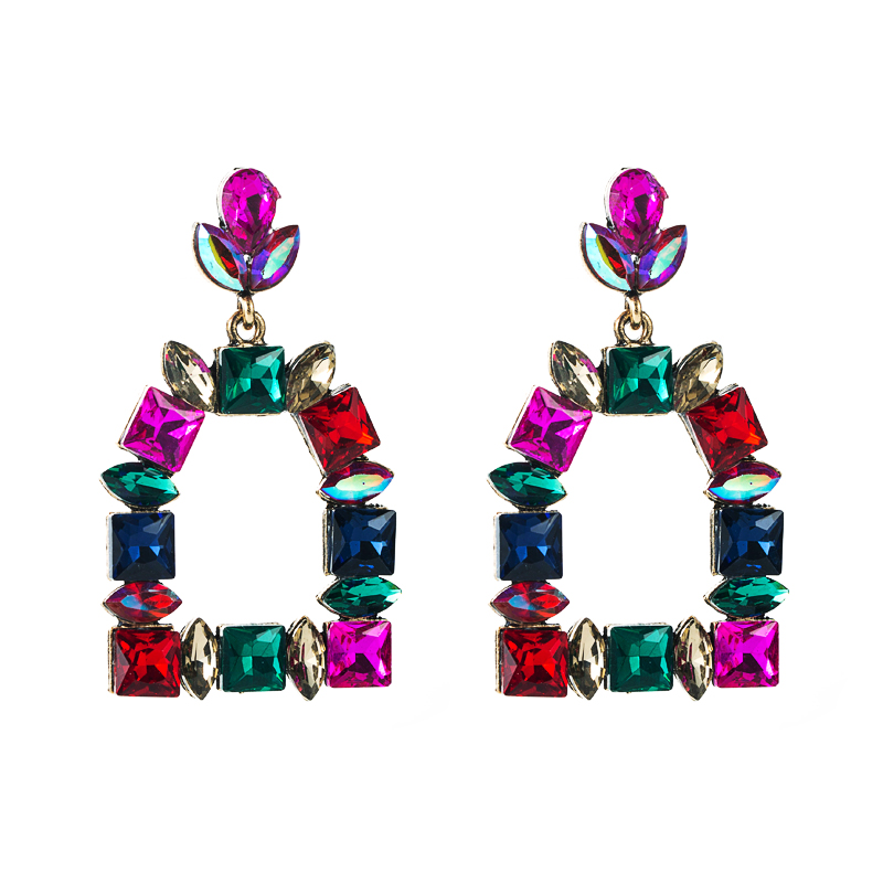 Multi-layer Alloy Diamond-studded Colored Glass Diamond Geometric Earrings display picture 3