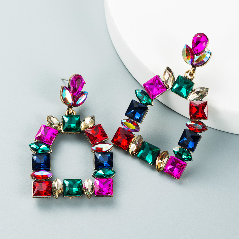 Multi-layer Alloy Diamond-studded Colored Glass Diamond Geometric Earrings display picture 4