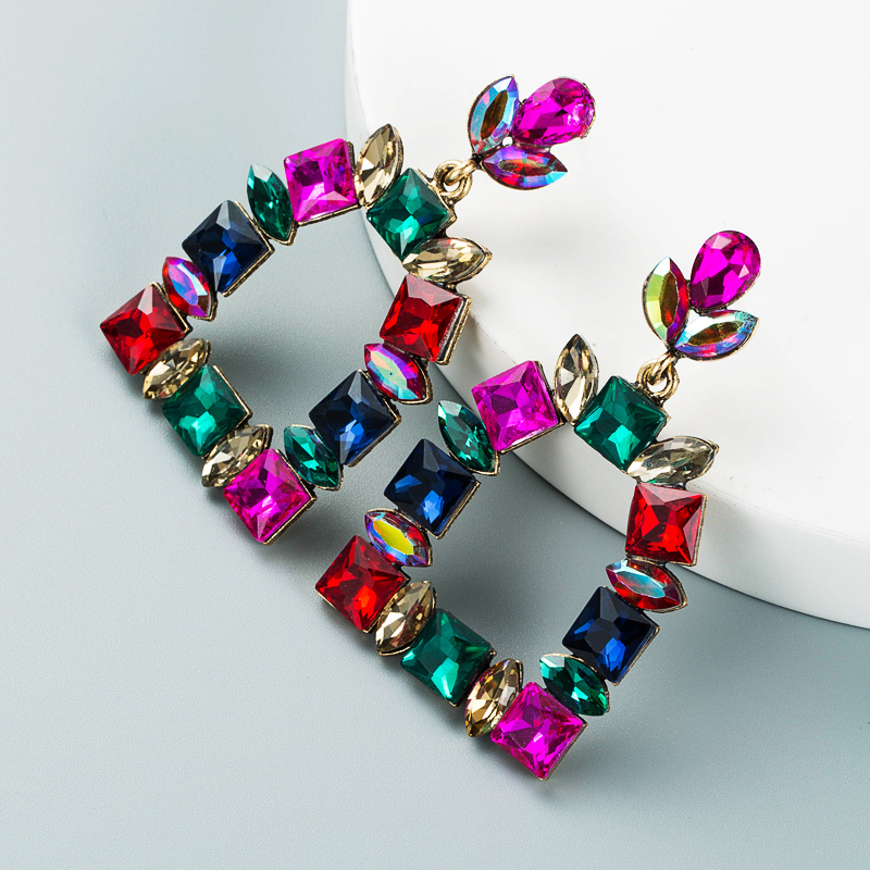 Multi-layer Alloy Diamond-studded Colored Glass Diamond Geometric Earrings display picture 5