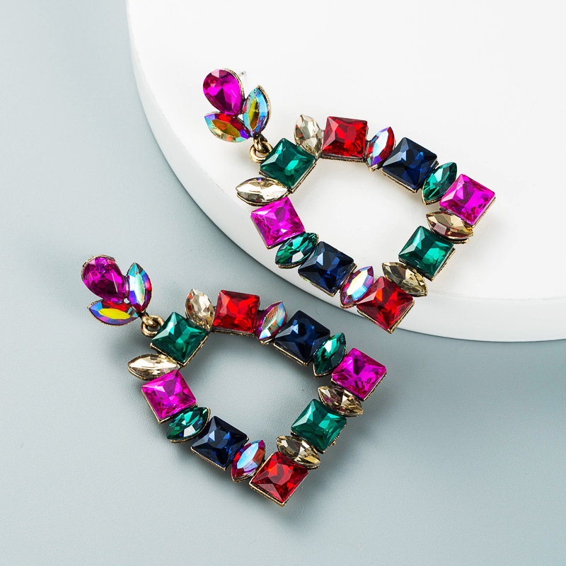 Multi-layer Alloy Diamond-studded Colored Glass Diamond Geometric Earrings display picture 8