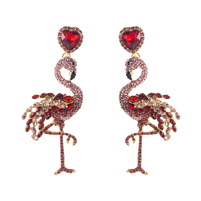 Personality Creative Alloy Inlaid Rhinestone Full Diamond Flamingo Earrings Animal Earrings display picture 3
